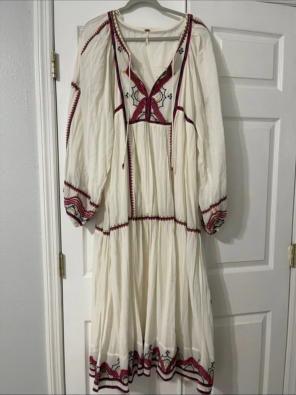 Free People Ivory Midi Dress with Red Embroidery